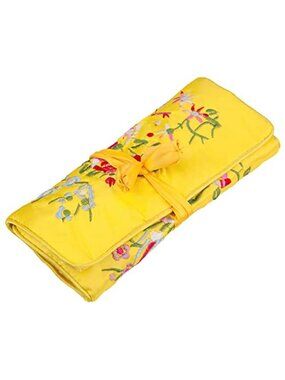 Embroidered Floral Bird Brocade Travel Jewelry Roll Bag Organizer Zipper Pouch